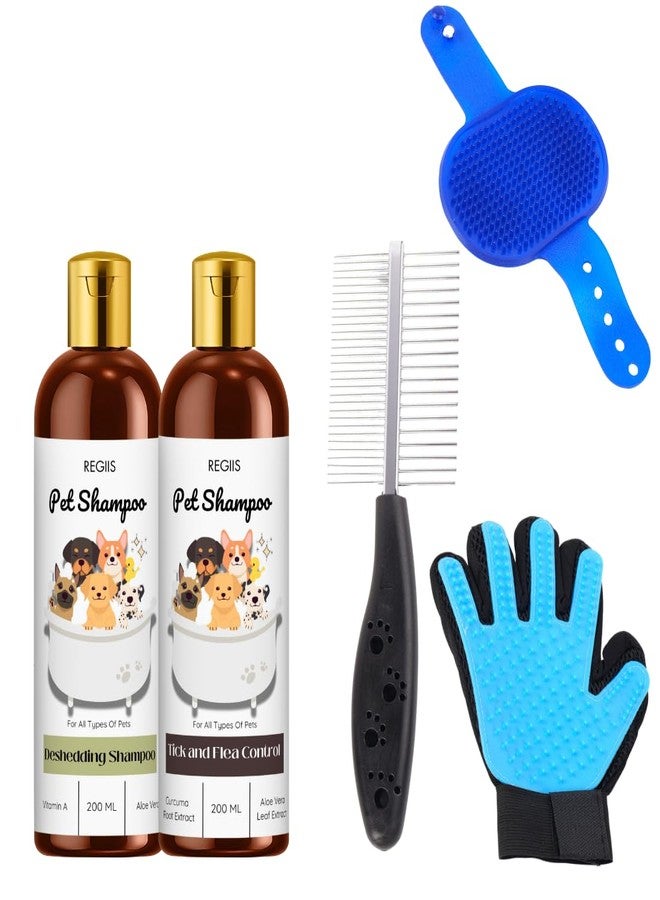 REGIIS Pet Grooming Kit with Deshedding Shampoo, Tick Control Shampoo, Grooming Glove, Brush, and Comb, Professional Dog Bathing and Grooming Set, 200ml x 2 Bottles(Pack of 5) - Image 1